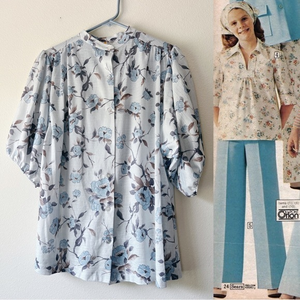 Vintage 70s floral button up balloon‎ sleeve shirt M